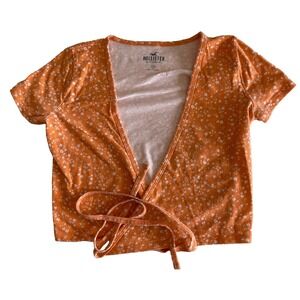 Hollister Ditsy Floral Wrap Crop Top XS Short Sleeve Tie Front Cottagcore Orange